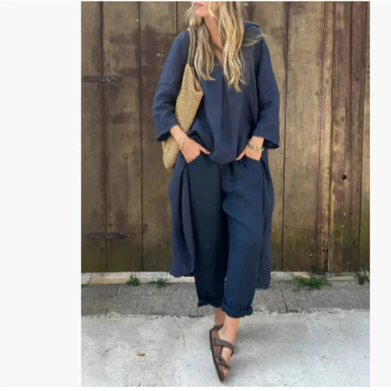 

Irregular Sexy V-neck Long Sleeved Top+pants 2-piece Set For Spring Autumn New Items Solid Color Loose Women With Pockets Set