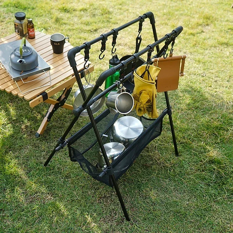 

Outdoor Foldable Storage Rack, Camping Tableware Multifunction Tripod, Storage Shelf With Drying Net