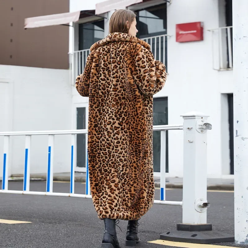 Winter Coat Women Long Faux Fur Coats Vintage Leopard Print Fur Jacket Warm Long Sleeve Cardigan Windproof Windbreaker Chic New