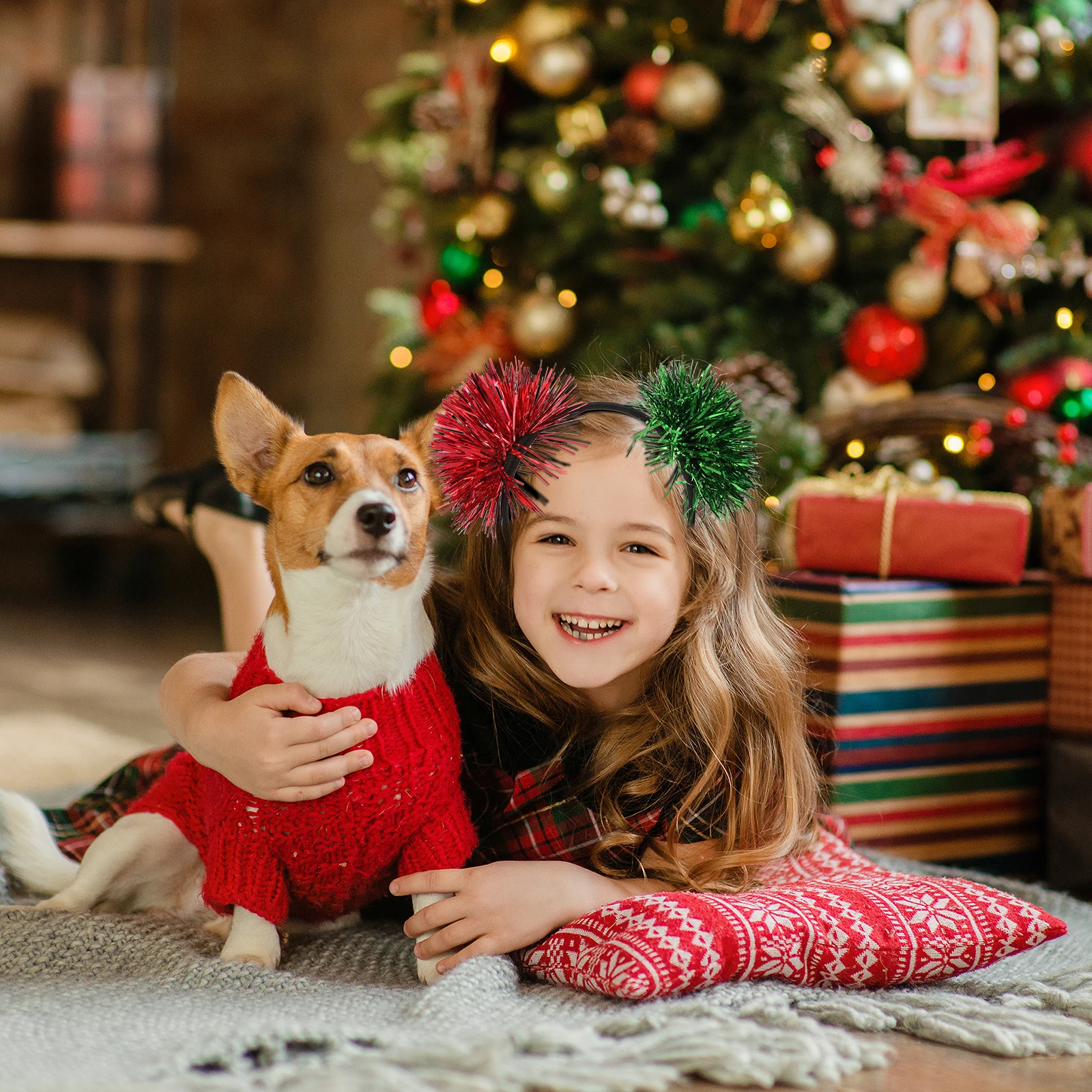 

Sparkly Children's Headband Christmas Headbands Holiday Tinsel Pom Hair Accessories Red