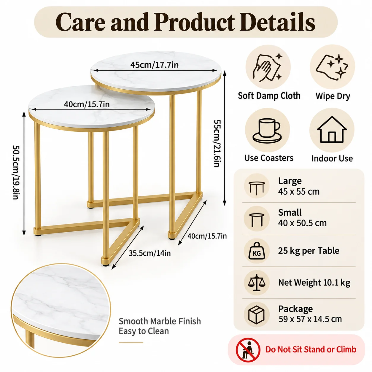 Set of 2 Round Nesting Side Tables 45cm Sintered Stone Tops Gold Metal Frame for Living Room Sofa Side