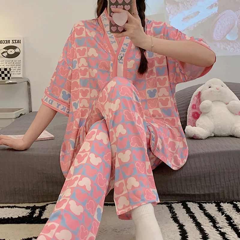 Ice Silk Sweet Pink Pajamas Women Thin Summer Short-sleeved Long Pants Pajamas Homewear Two-piece Silk Pajamas for Women Kawaii