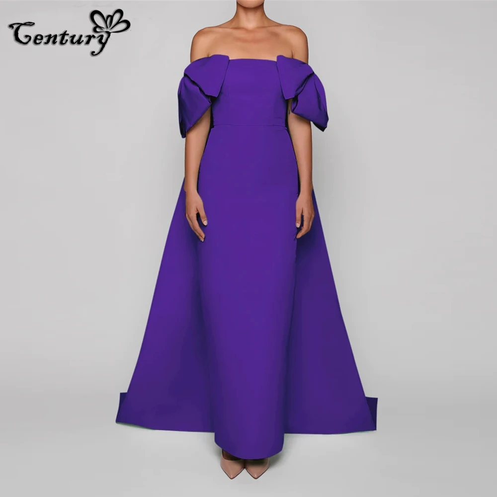 Purple Prom Dress Long Big Bow Detachable Train Off Shoulder Satin Evening Party Gowns Formal Occasion Dresses  Customized