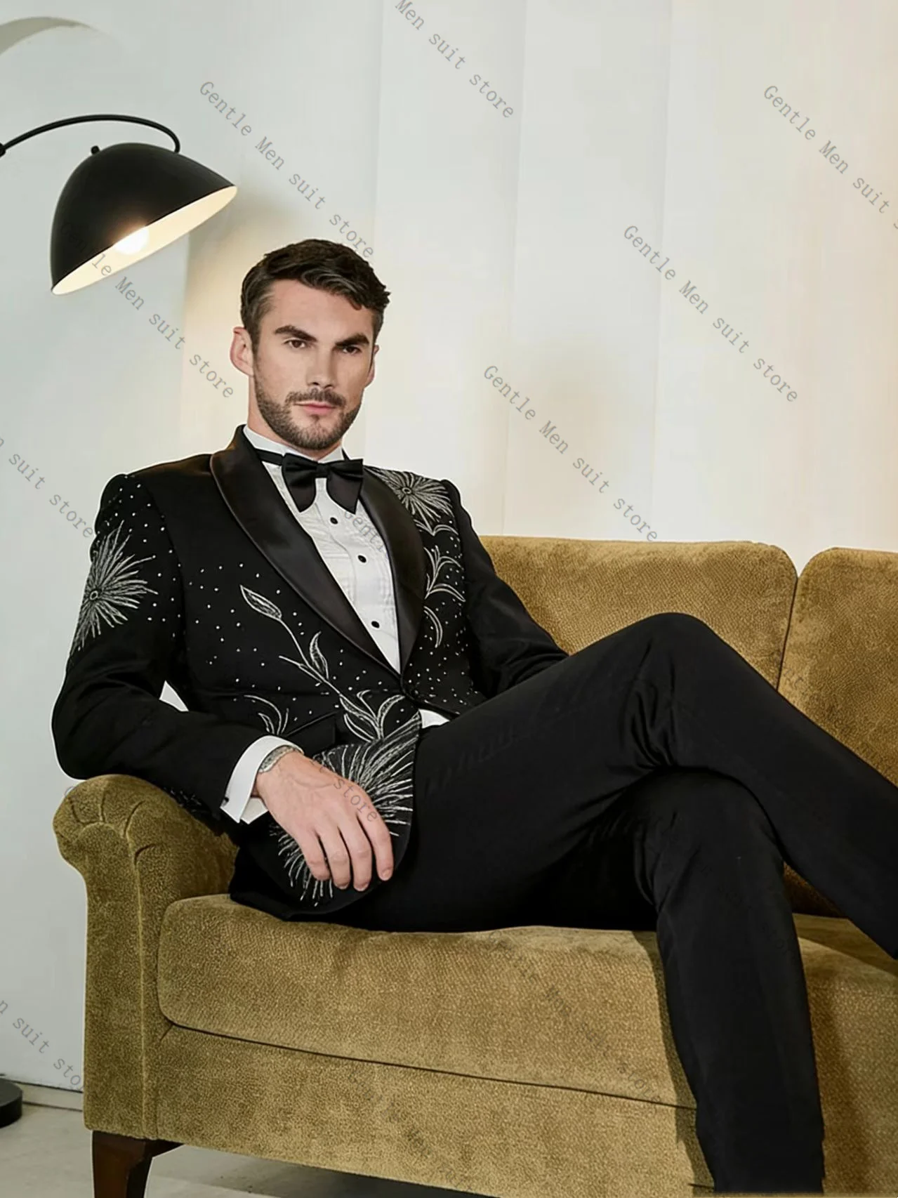 

Luxury Crystals Men Suit Set 2 Pcs Blazer+Pants Trousers Groom Wedding Tuxedo Formal Office Business Jacket Coat Customized