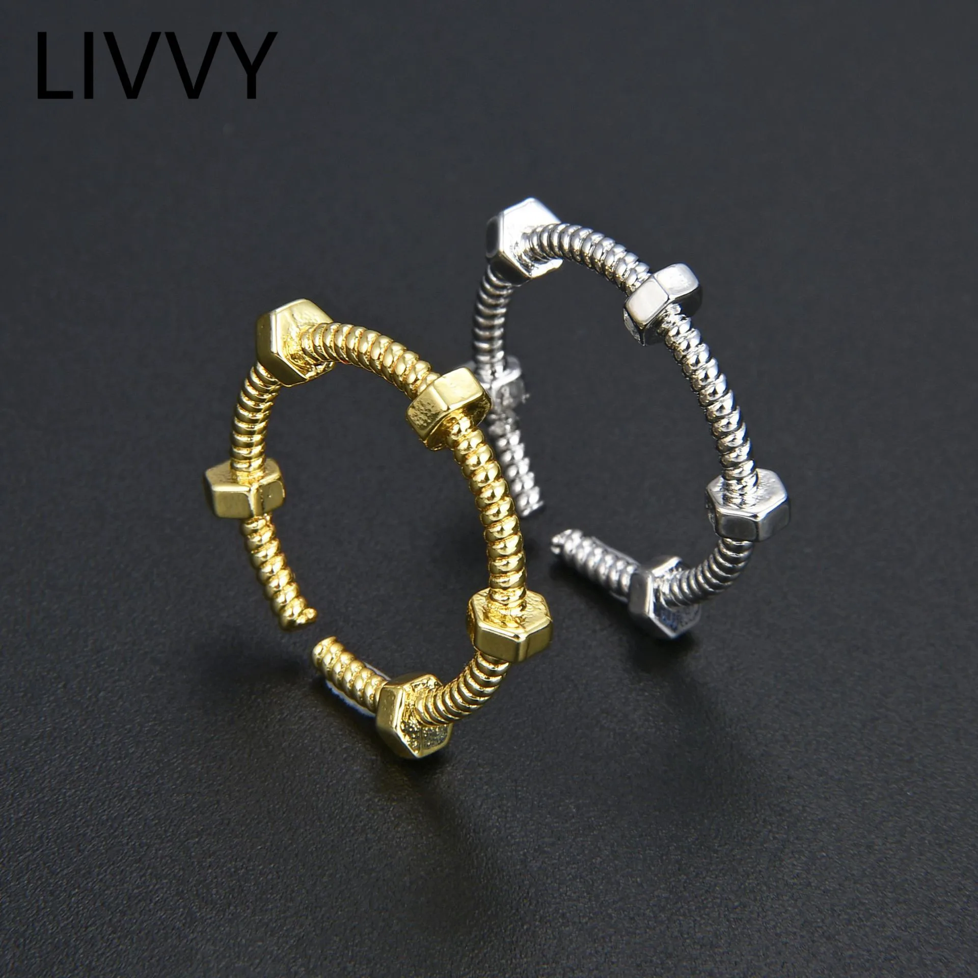 LIVVY Silver Color Punk Screw Nut  Adjustable Ring For Women New  Fashion High-end Hexagon Rings Jewelry Accessories