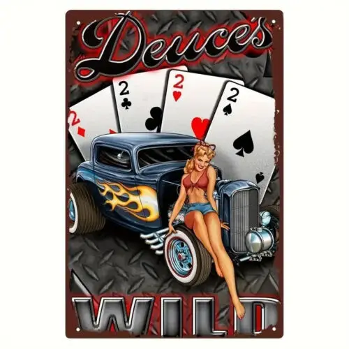 Deuces Wild Hot Rod and Playing Cards Vintage Metal Tin Sign,NEW - las vegas-Aluminum
