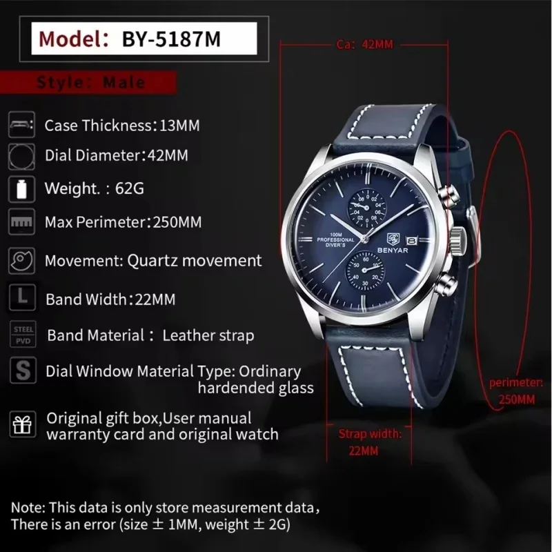 BENYAR 5187 Sport Men's Quartz Watch Luxury 100m Waterproof Calendar Chronograph Leather Military Watches for Man New