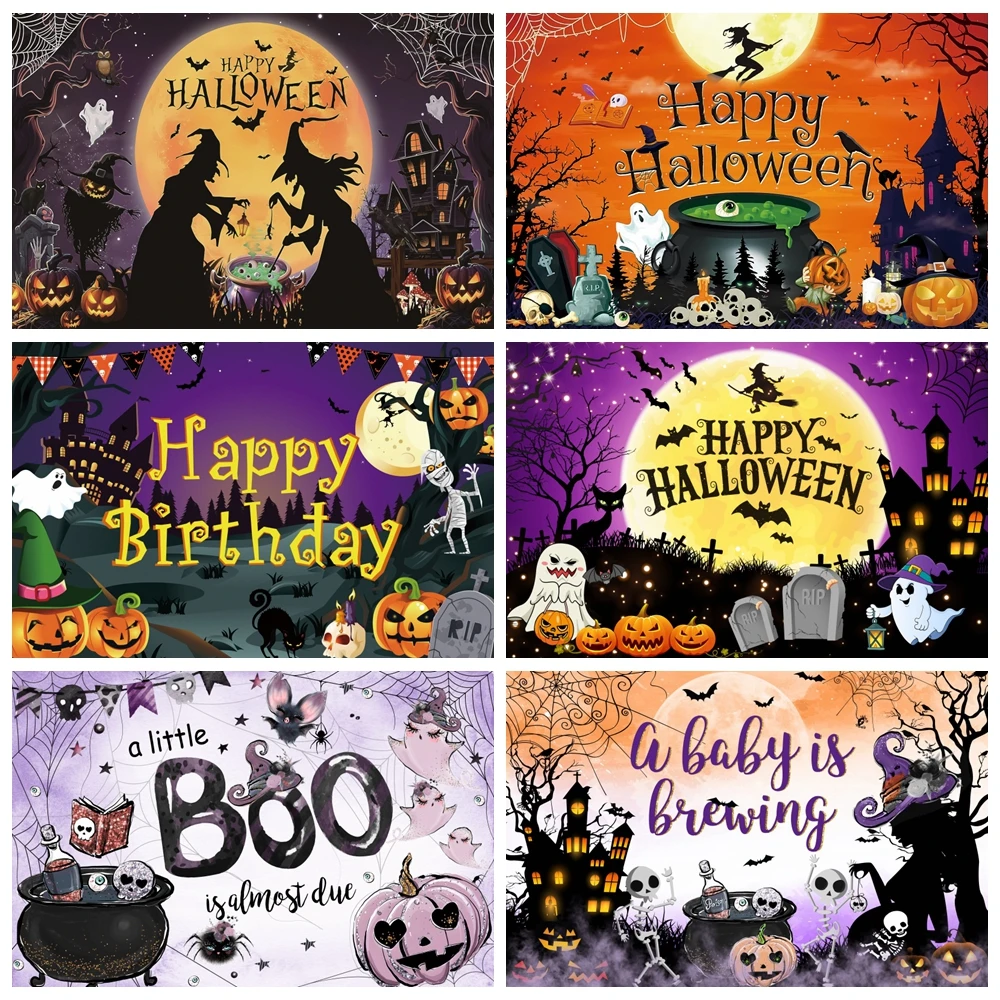 

Happy Halloween Backdrop Horror Moon Pumpkin Witch Bat Castle A Little Boo is Almost Due Baby Photography Background Party Decor