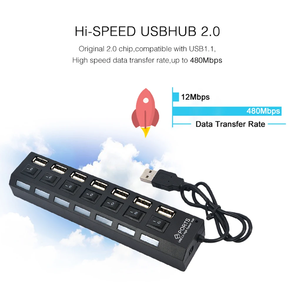 USB 2.0 HUB 7 Port Multiple Expander With ON/OFF Switch Multi USB Splitter HUB Adapter With LED Computer Accessories For Laptop