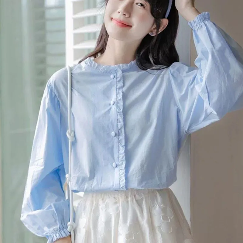 

Sweet Wood Ear Neck Shirts Female Spring Summer 2026 New Long Sleeves Chiffon Shirt Woman College Style Loose Student Blouse