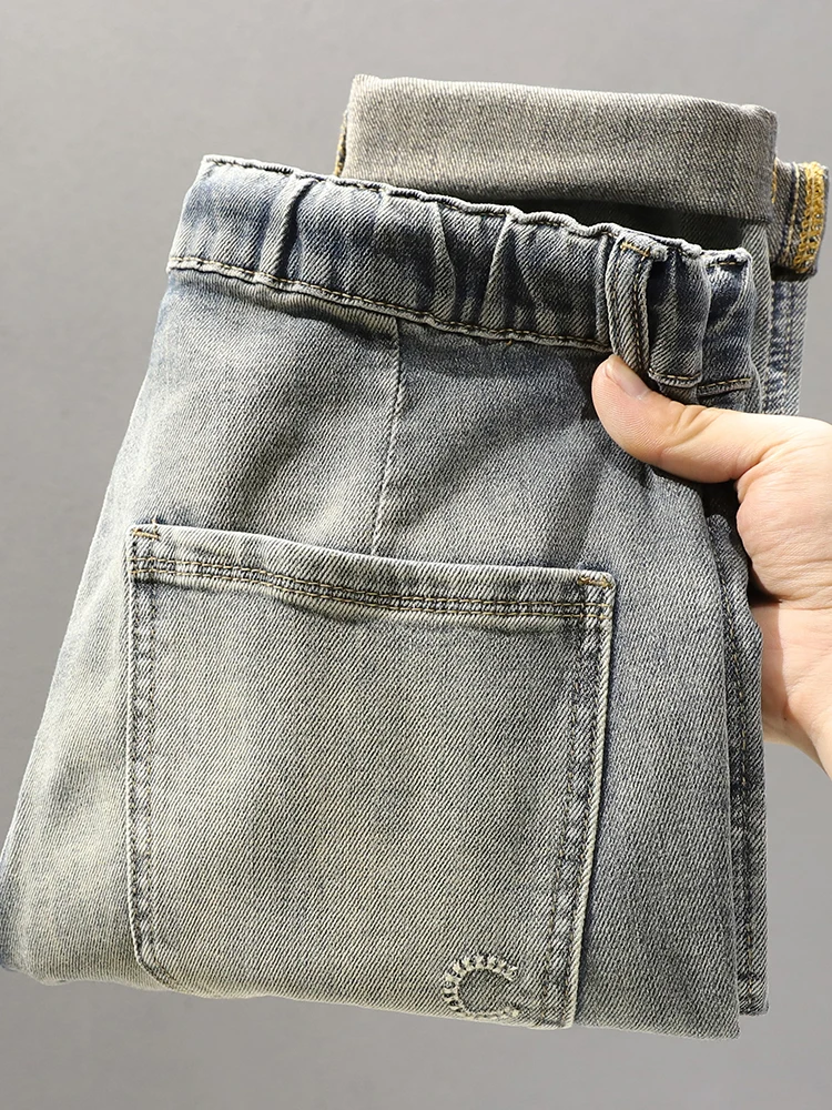 Pantalones vaqueros elásticos Waisand para hombre, pantalones finos Retro americanos holgados adelgazantes de nueve piezas, pantalones largos cómodos y transpirables