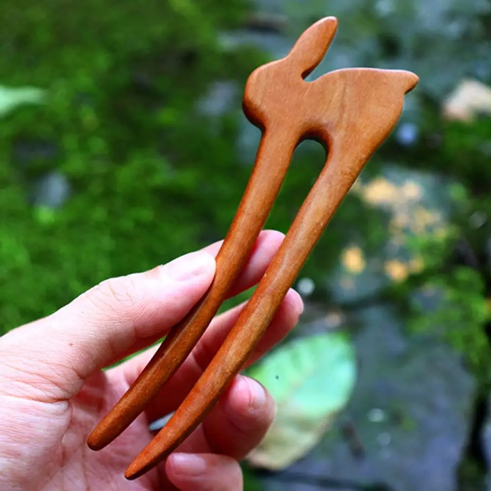 Braided Hairpins Sandalwood Animals U-Shape Chinese Hair Fork Women Hanfu Hairpins Wooden Rabbit Hair Sticks