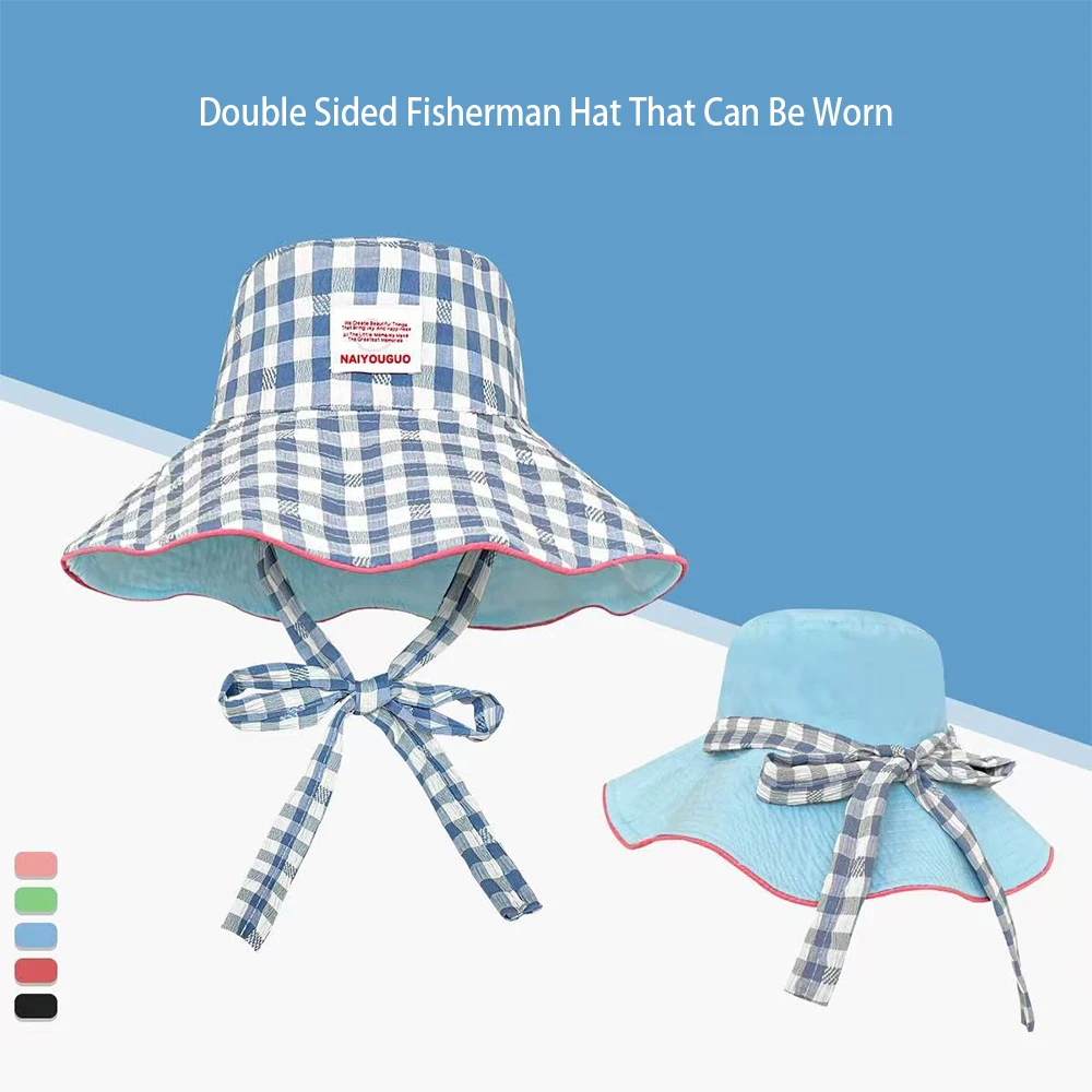 Fashion Summer Plaid Bucket Cap Two-sided Wide Brim Sunscreen Hat Sweet Tie Strap Fisherman Caps Outdoo
