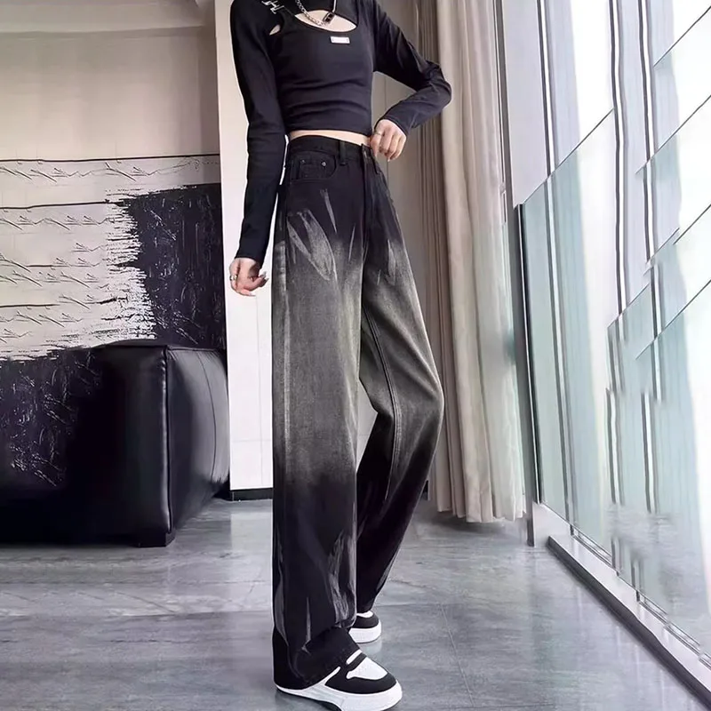 Genuine Tie-dyed Straight-leg Jeans Women, New High-waisted Floor-Length Pants Female, Casual Denim Wide-leg Trousers 4XL 5XL