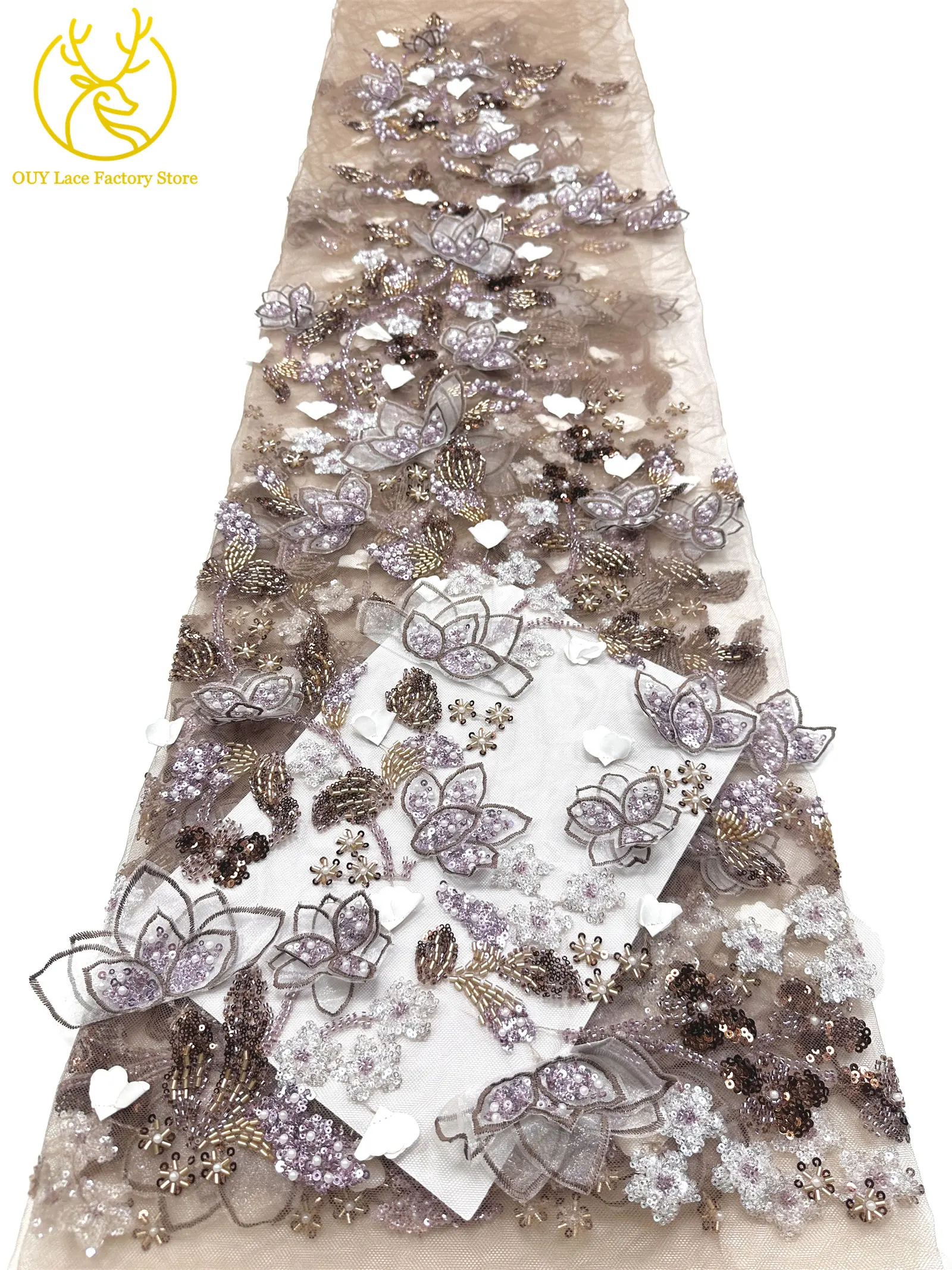5 Yards afrikanischer 3D-Blumen-Spitzenstoff mit Perlen, 2026, hochwertiger französischer nigerianischer Stickerei-Tüllstoff zum Nähen von Hochzeitskleidern – Detail 24