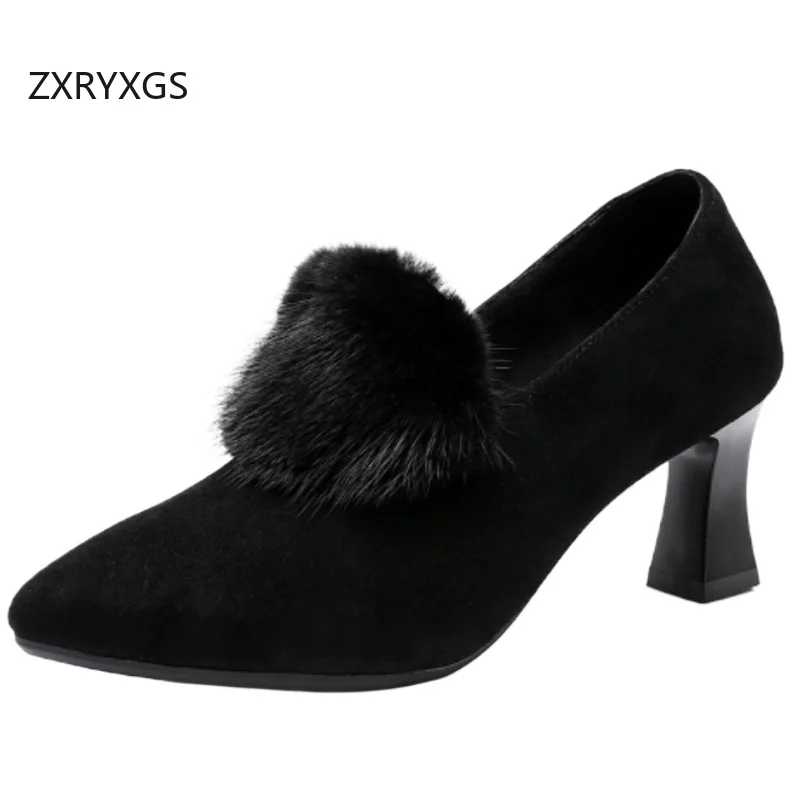 

ZXRYXGS Matte Sheepskin+mink Fur Women Banquet Shoes High Heels 2026 New Spring Pointed Women Fashion Shoes Heel High 4.5 / 6 Cm