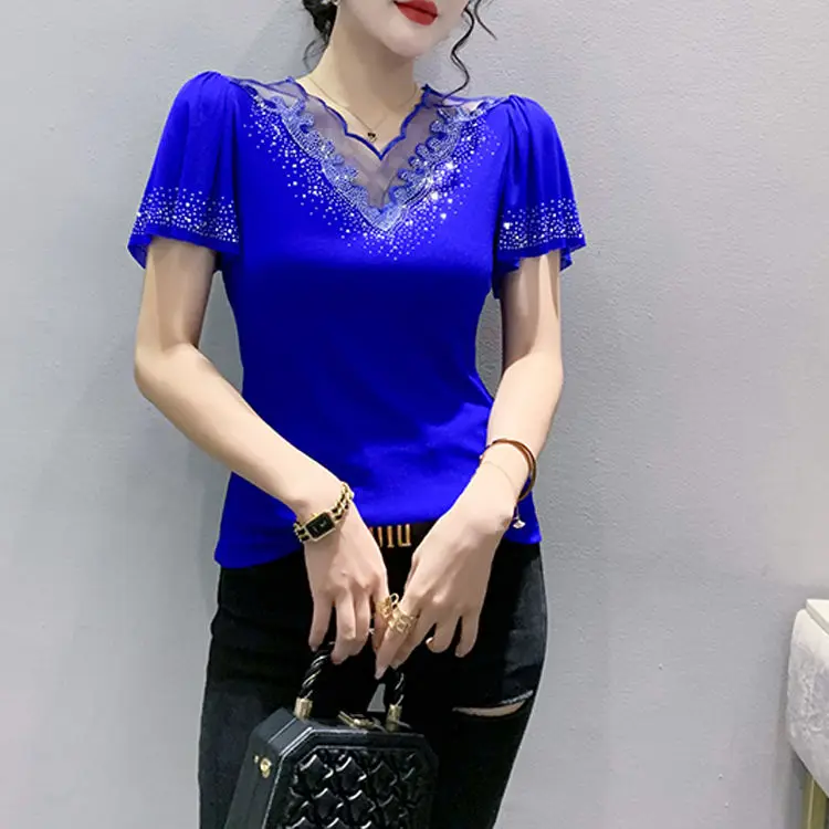 2025 夏の新中空ファッションダイヤモンド半袖 Tシャツ女性のためのスリム蓮の葉スリーブプルオーバー