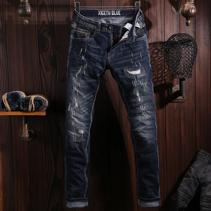 Fashion Designer Men Jeans Retro Black Blue Elastic Slim Ripped Jeans Men Embroidery Patched Vintage Trousers Denim Pants Hombre