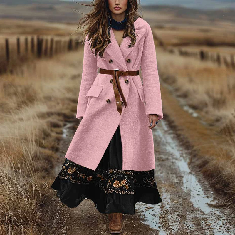 Boho Double Breasted Fall Winter Woolen Jacket Woman Sexy Turn-down Collar Solid Long Coat Cardigan Casual Long Sleeve Outerwear