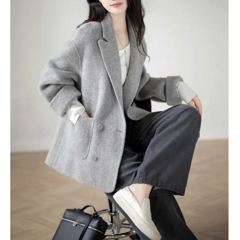 European station winter new double-sided sheep wool coat for women, short double-breasted loose version blazer for women