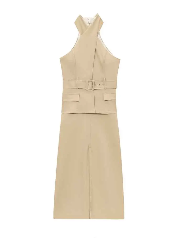 

European style new women's fashion all-match simple solid color with belt cross design halter neck midi dress