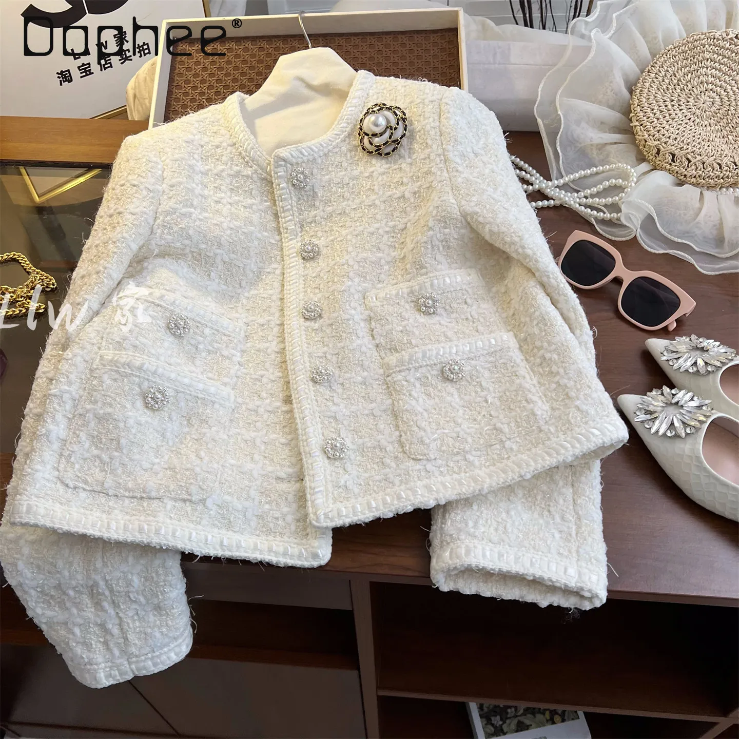 

High End Heavy Wool Tweed Coats for Women 2026 Spring New Elegant Socialite Woven Bead Button Versatile Loose Casual Coat