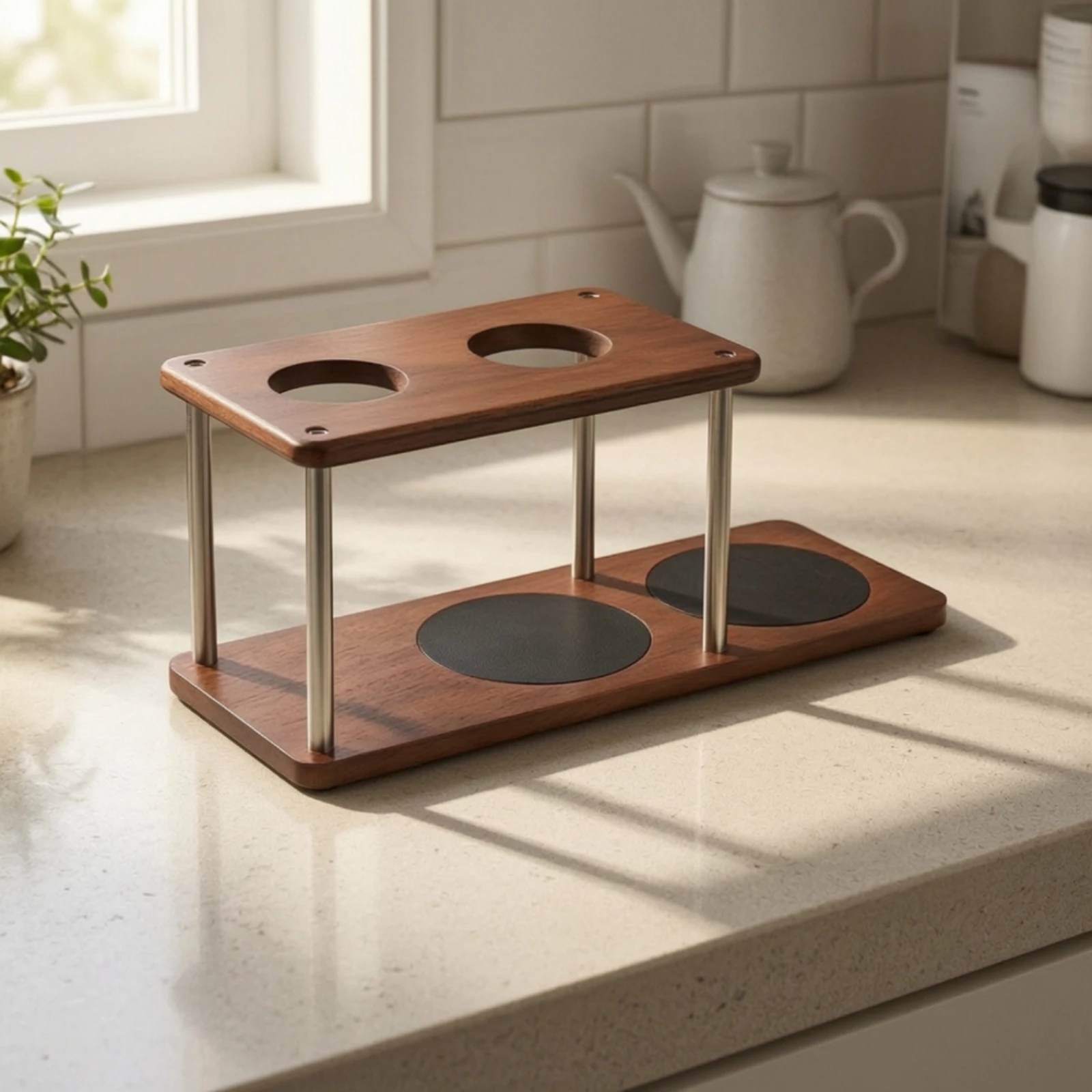Pour-over Coffee Stand with Silicone Pads Solid Wood Pour over Coffee Stand Storage Rack Heat-Insulating Organizer Compact