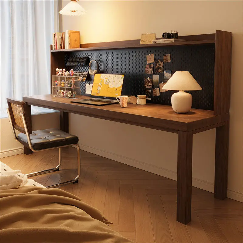 Solid wood hole board bookshelf desk integrated table double children's study table shelf storage desk customization