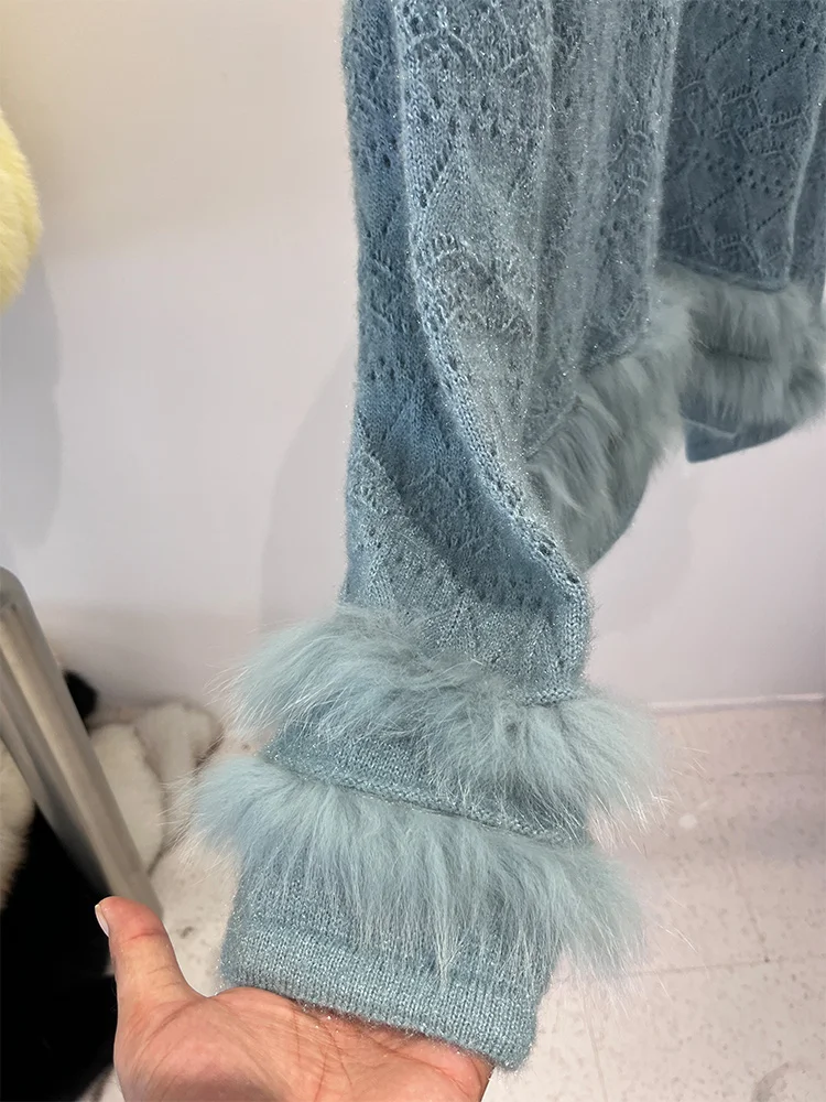 เสื้อโค้ทไหมพรมขนสุนัขจิ้งจอกแท้สำหรับผู้หญิง ฤดูใบไม้ร่วง ฤดูหนาว 2025 คอทรงโอ สไตล์สตรีท