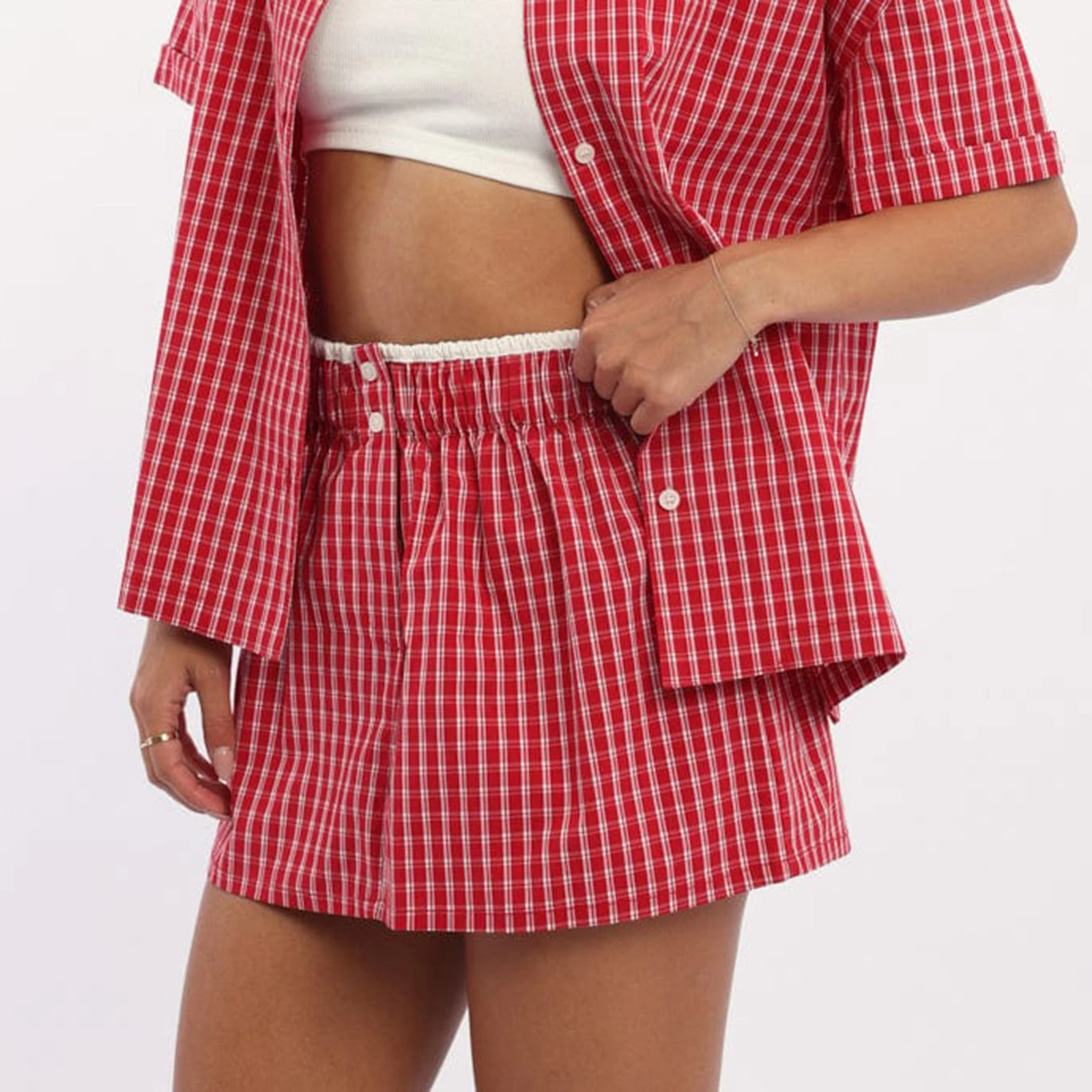 

New Fashion Womens Summer Mini Plaid Skirts Elastic Band Button Decor Skirt For Daily Travel Parties Club Street Style S M L