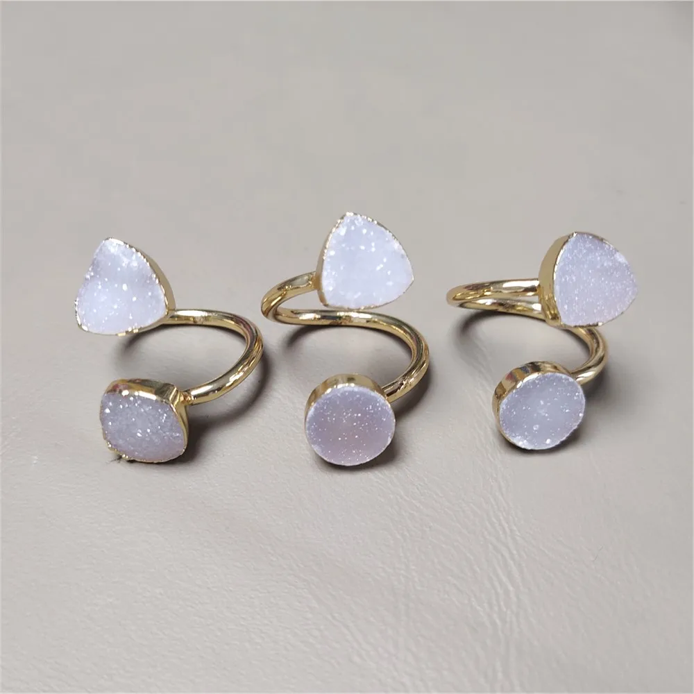 FUWO Irregular Double Stone Druzy Rings,Golden Plated Minimalist design Raw Druzy Ring For Women Adjustable Size 3Pcs/Lot RG016