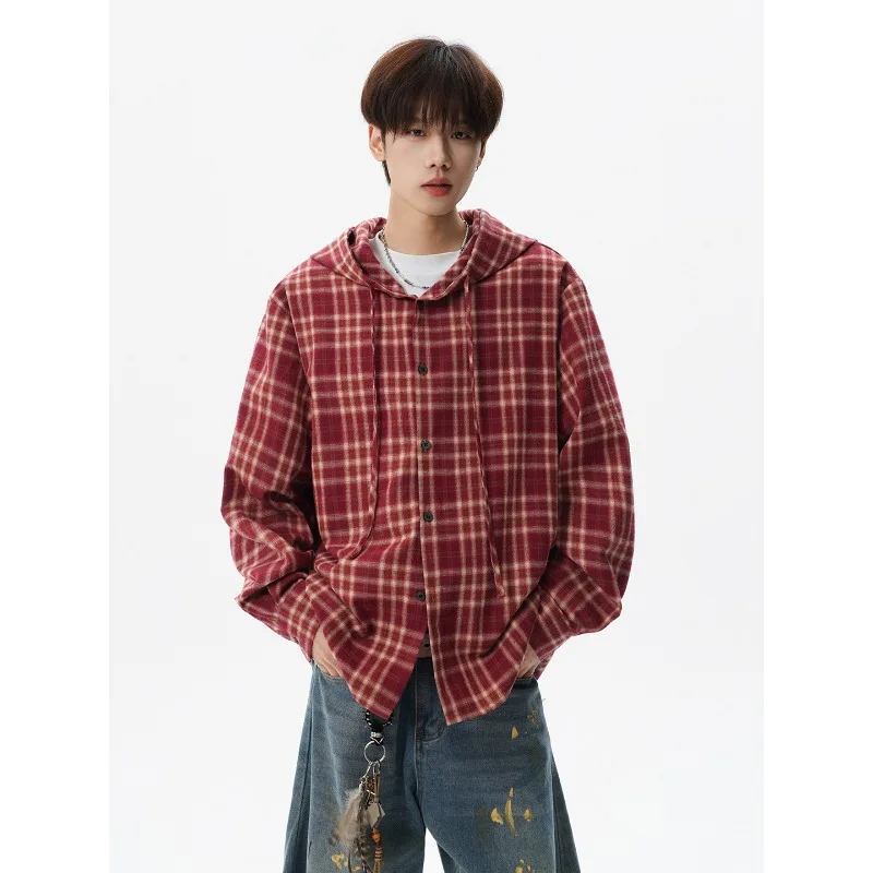 Retro American Streetwear Men's Oversized Hooded Plaid Shirt Flannel Long Sleeve Shirt Multiple Colors Hooded Shirt