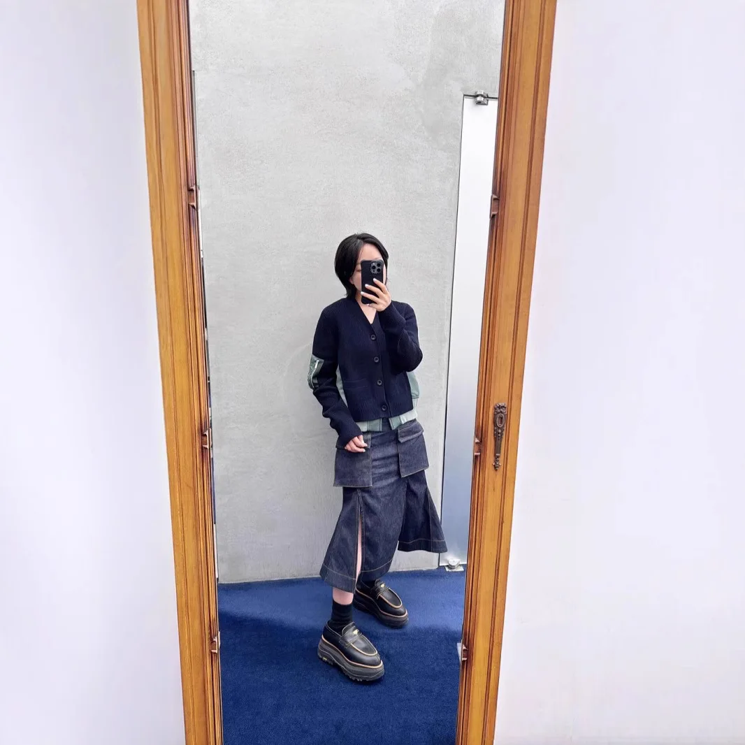 2024 ฤดูใบไม้ร่วงและฤดูหนาวใหม่Patchworkเสื้อสเวตเตอร์ถักจีบแขนยาวถักผู้หญิง