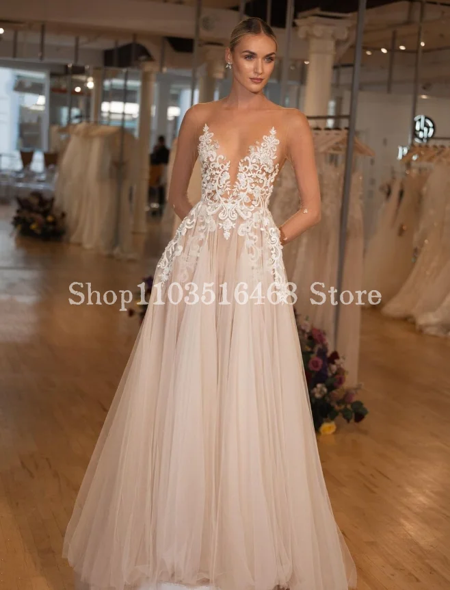 Sexy Long Sleeve Wedding Dress 2024 Luxury White Applique Sheer Bohemian Formal Wedding Dress Customised Long Wedding Dress