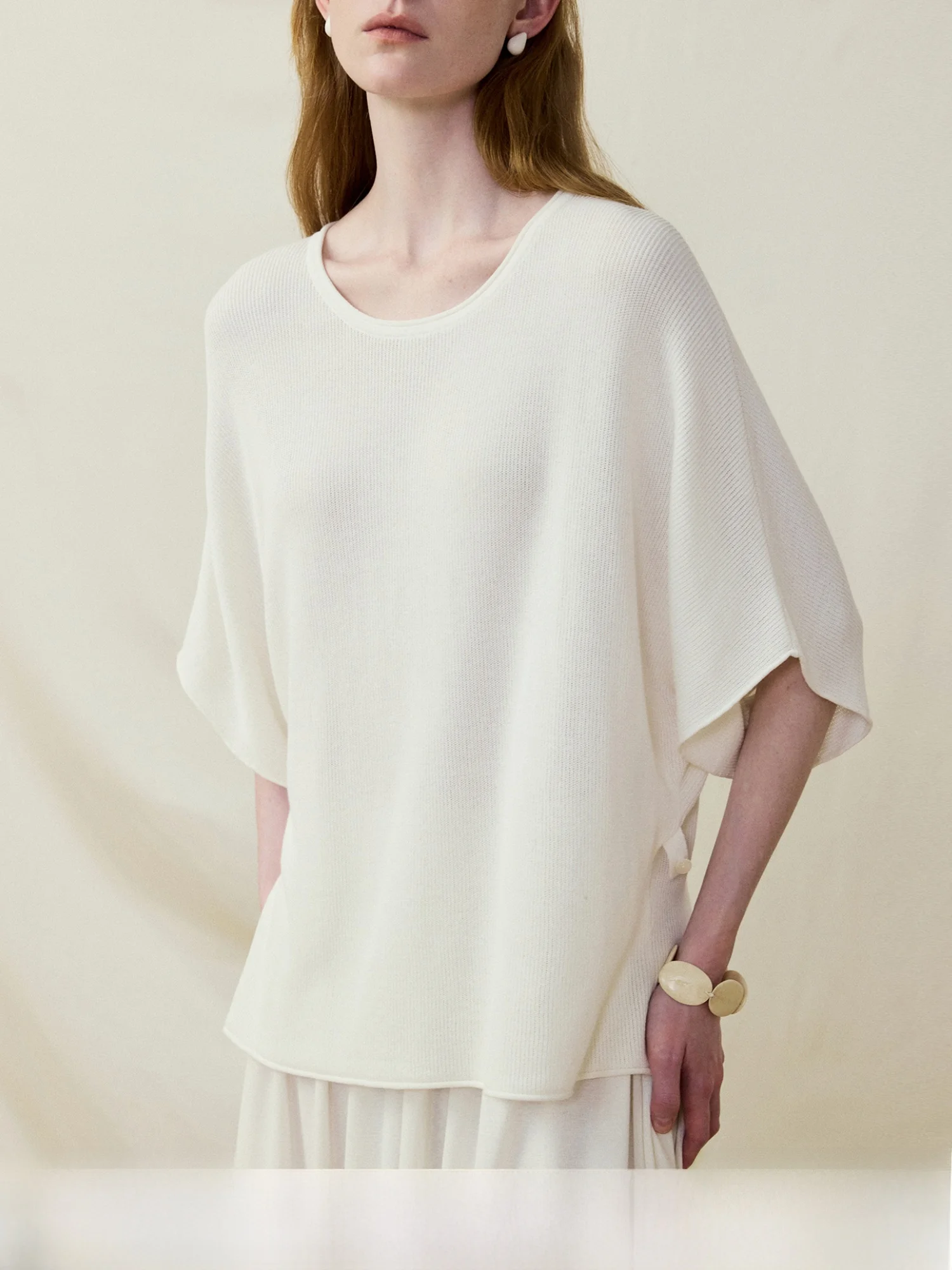 

MURMUR MI Women's Cotton Feeling Waist-Cinching round Neck T-Shirt Loose Short Sleeve Casual Style Spring Season Pure Color