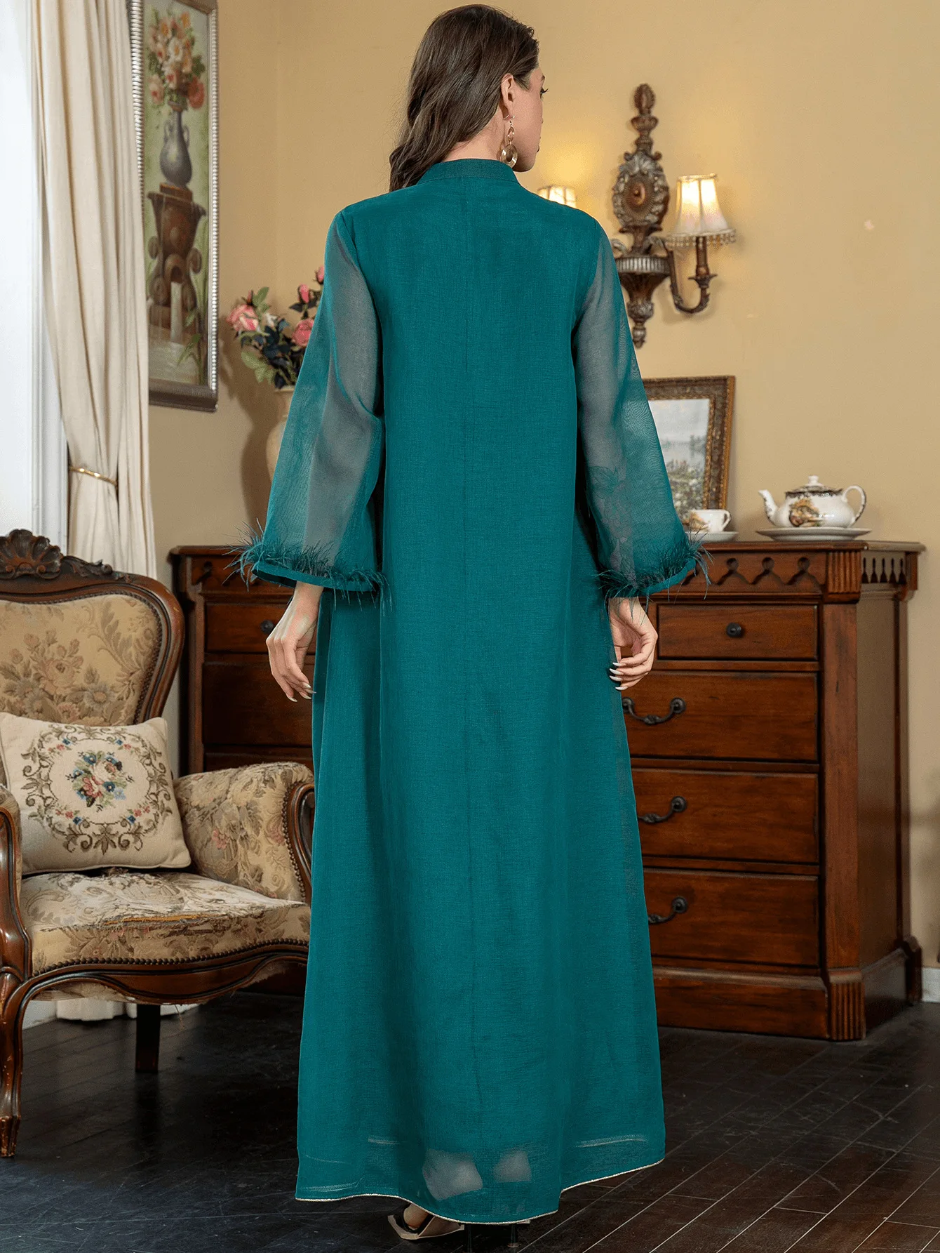 Muslim Women\'s Robe V-neck Long-sleeved Dark Green Robe Fashionable Camel Hair Shiny Comfortable And Casual Elegant Dress