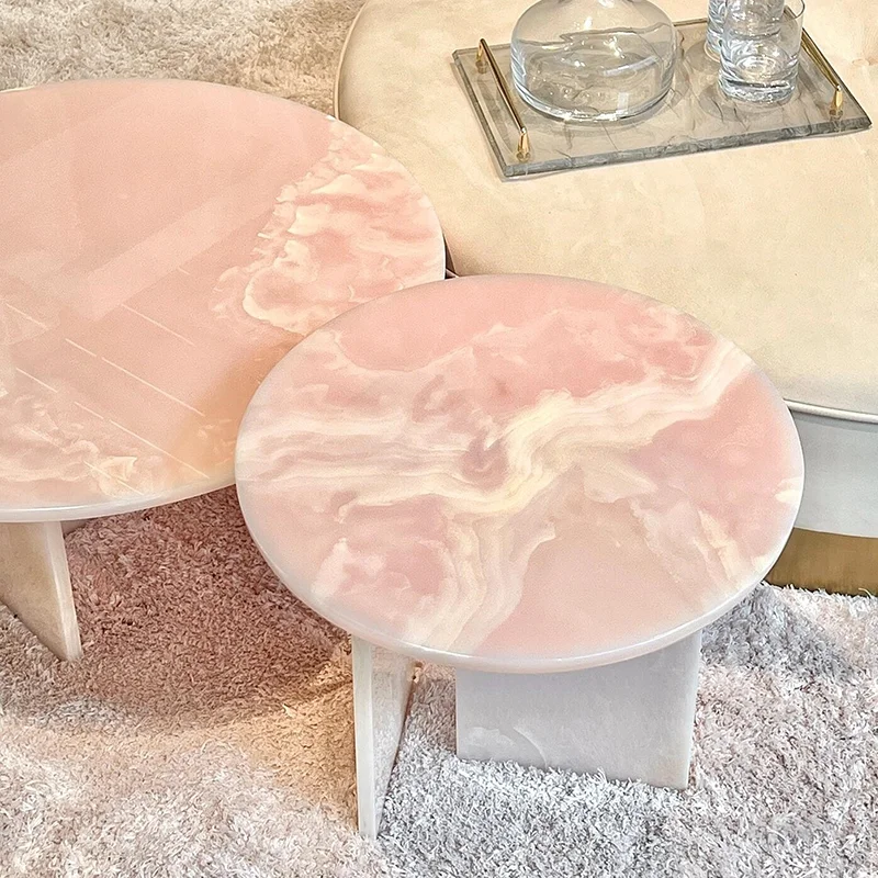 Table Basse Ronde Moderne en Marbre, Meuble d'Angle Transparent, Couleur Rose, Style Sédentaire poumons