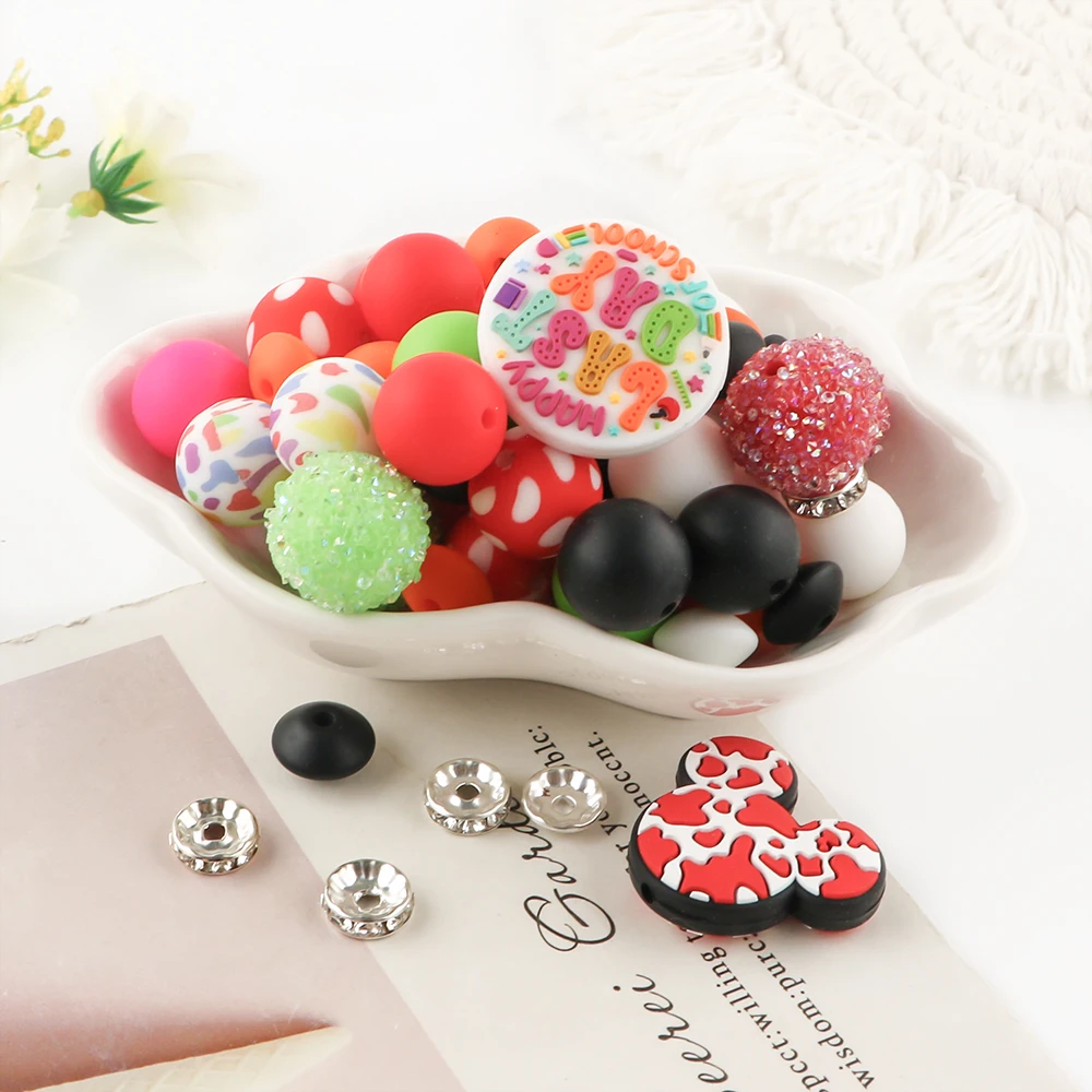 Silicone Focal Beads Animals Printing Loose Beads Round Set Keychain Bracelet Necklace Accessories DIY For Jewelry