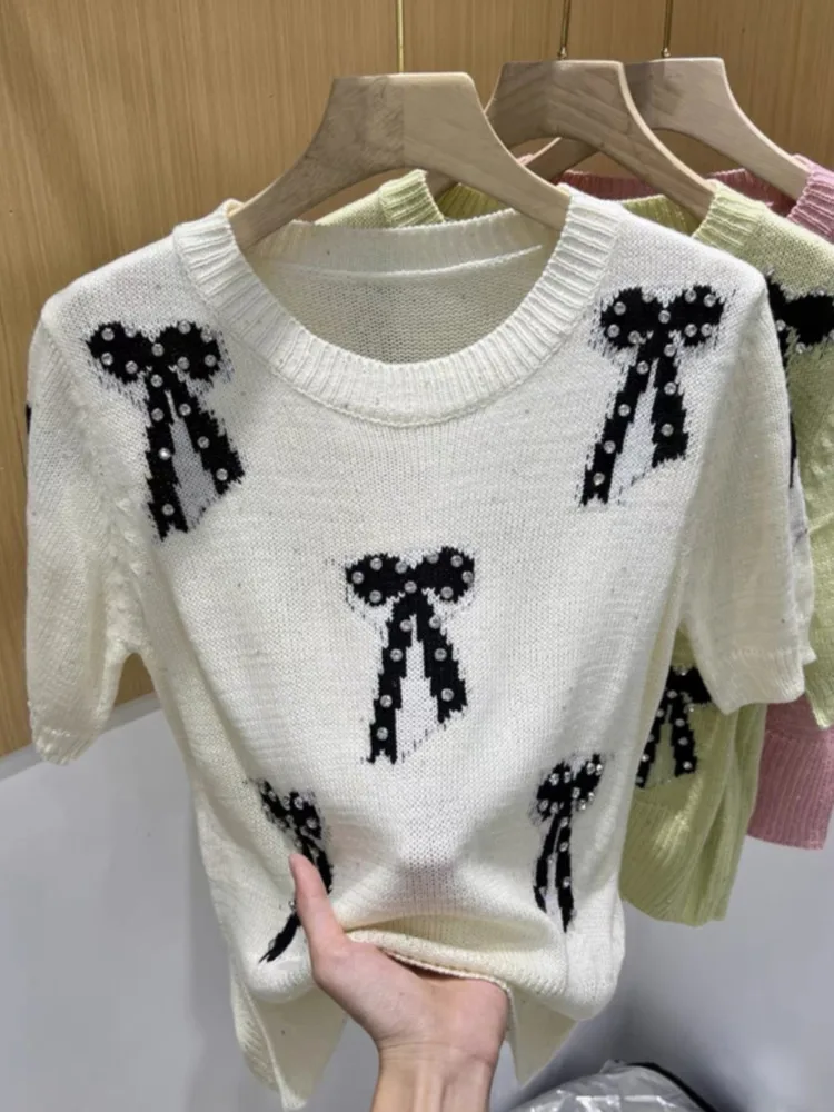 2024 Summer Diamonds Bow Jacquard Sweater Women Short Sleeve Round Neck Elegant Stylish Korean Fashion Chic Knitwear Jumpers