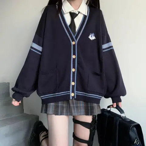 College Style Autumn Winter New Japanese Long Sleeve V-neck Sweater Coat Female Student Korean Loose Knitted Cardigan