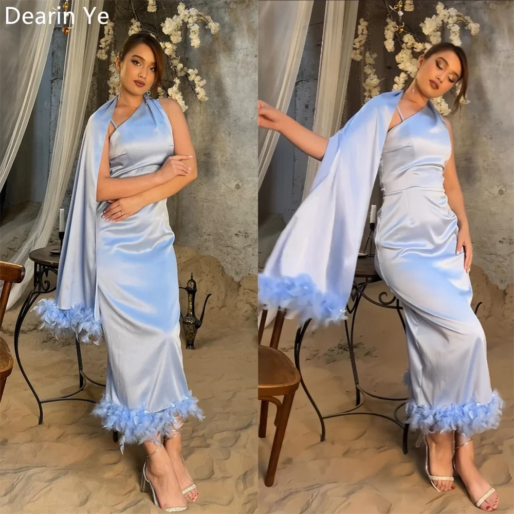 

Customized Evening Gown Prom Dearin Asymmetrical Column Ankle Length Skirts Vertically Sleeveless Feather Bespoke Occasion Dress