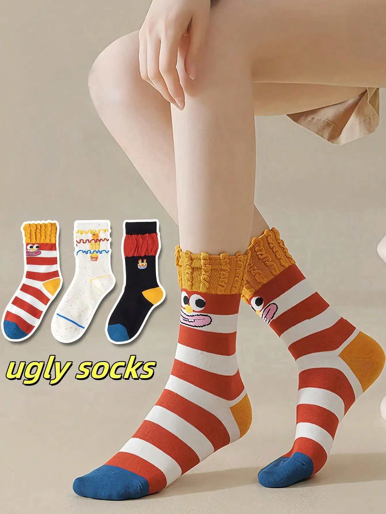 

1 Pair of Women's Crew Socks, Personalized Creative Mid-Calf Socks, Striped Socks, Cartoon Socks, Lazy Socks for Daily, Party