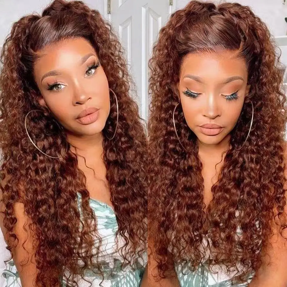 MELODIE 250 Density 13x4 Reddish Brown Water Wave Lace Front Human Hair Wig 13x6 Curly Deep Wave Frontal Wig