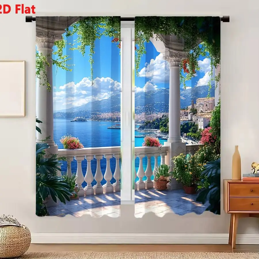 2Pcs Curtains 2D Flat Stunning Sun-Drenched View From Elegant Stone Balcony Overlooking Vibrant Coastal Town With Azure Waters A