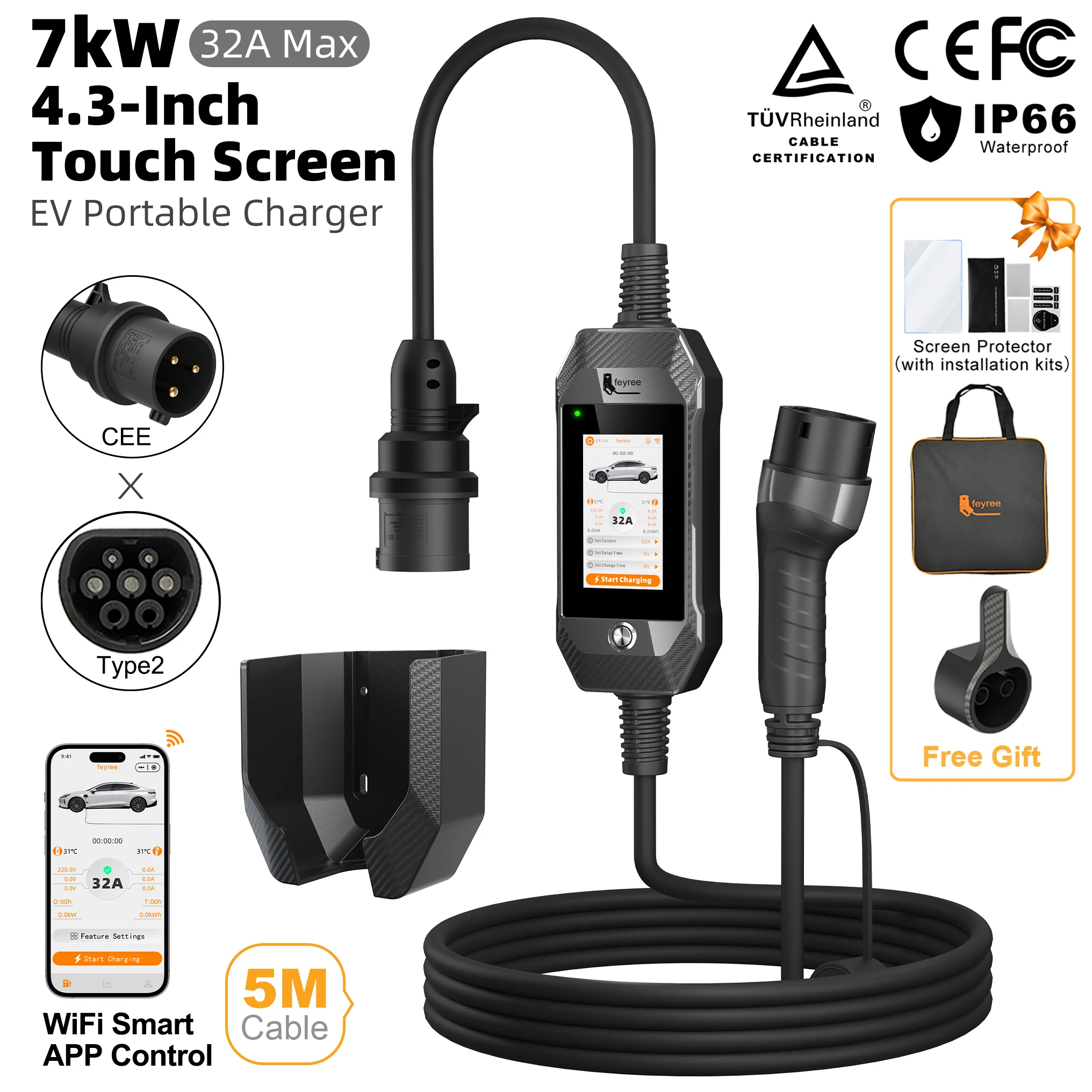 Feyree 4.3" touchscreen 7kW draagbare EV-lader type 2, thuis AC-lader, slimme WiFi-app besturing voor elektrische auto's