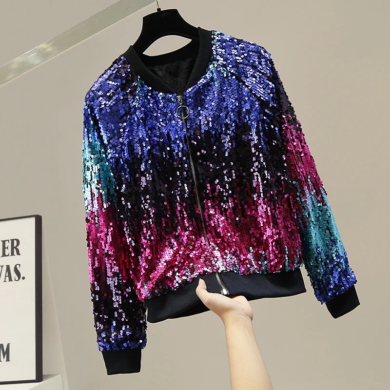 Sequins Jacket Women Coat Streetwear Colorful Bling Shiny Club Stage Punk Style Basic Rainbow Bomber Jackets Zipper Outwear