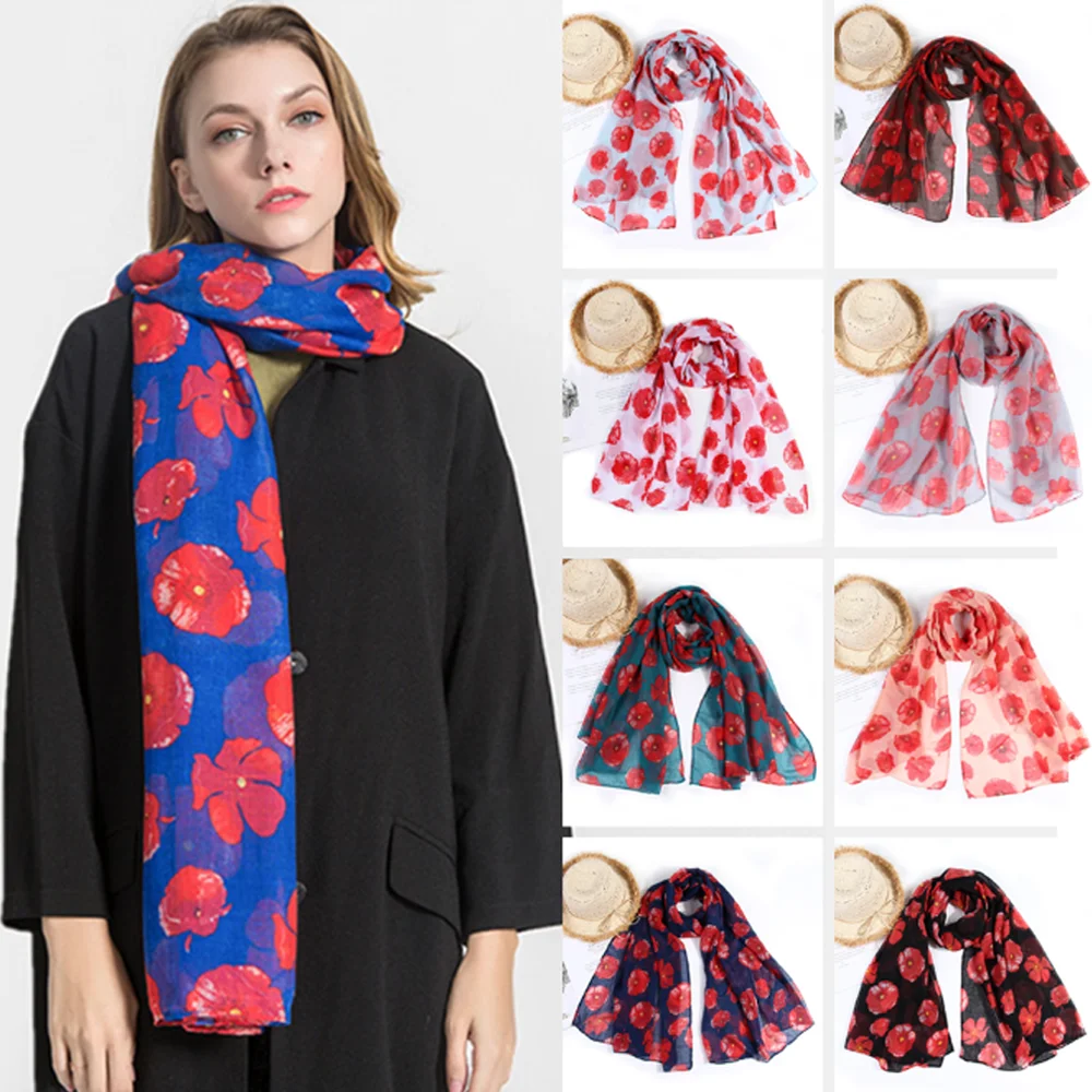 Colorful Poppy Print Scarf Smooth Cotton Voile Poppies Floral Wrap Breathable 180*90cm Poppy Floral Shawl for Women Ladies