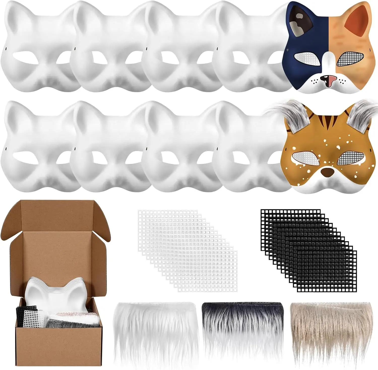 

DIY Therian Mask Blank White Paper Cat Mask to Paint with Felt Fabric Sheet Fur and Eye Mesh for Therian Gear