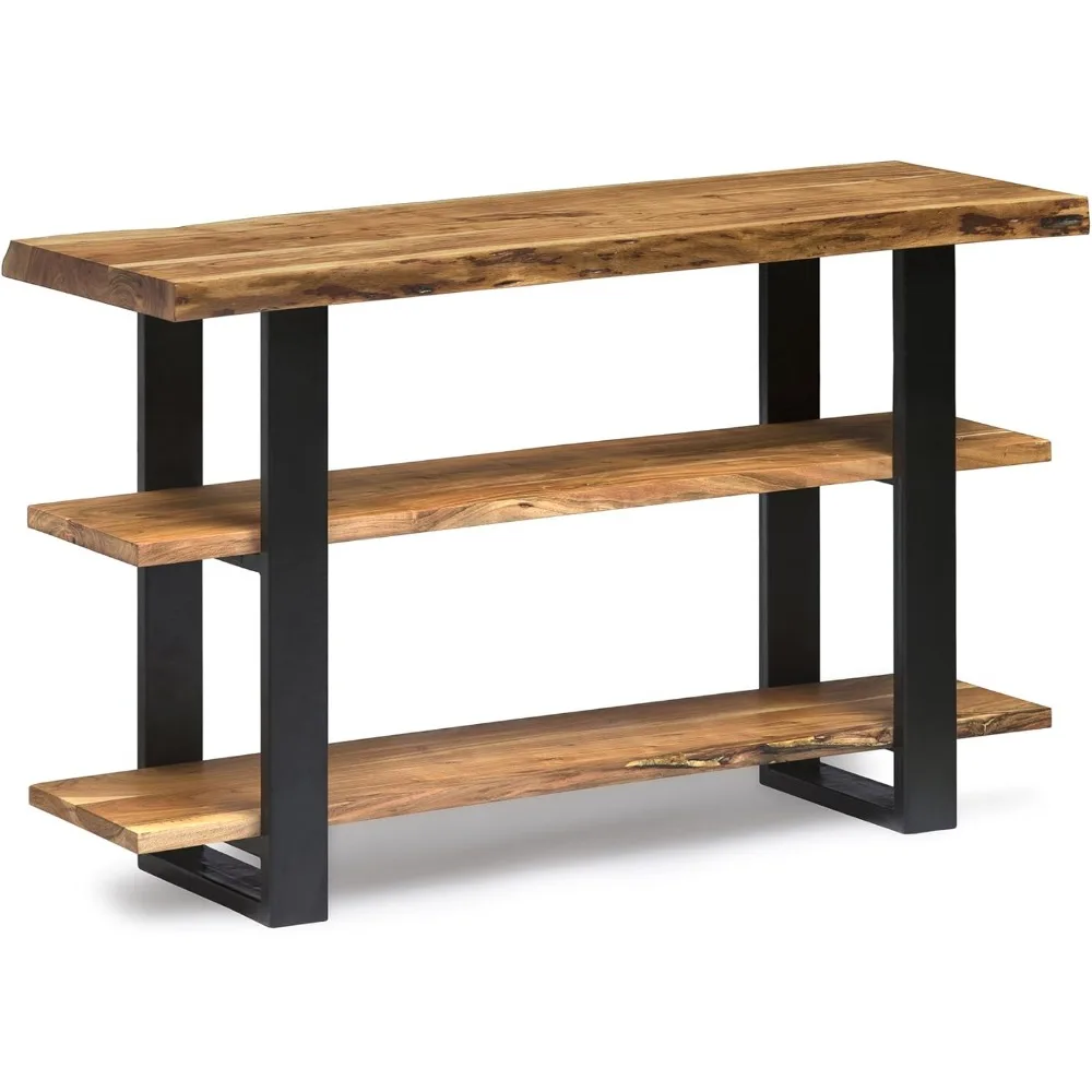 

modern industrial acacia wood media console table with live edge and black metal accents for living room upgrade