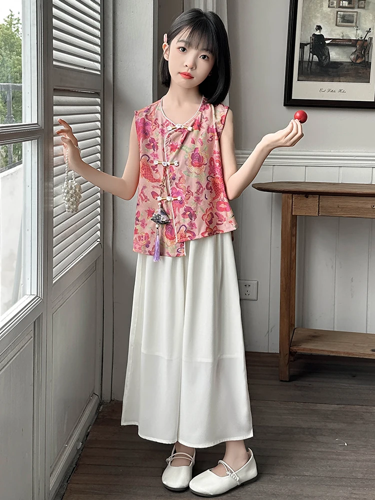 

Новый китайский модный детский комплект из двух предметов для девочек: летний наряд с длинными брюками и круглым вырезом на пуговицах